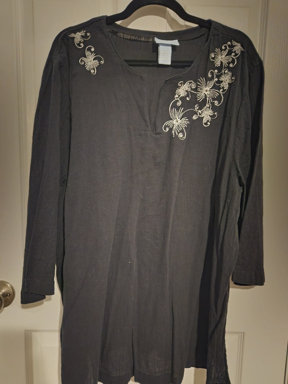 Liz & Me Black Tunic with Cream Floral Embroidery